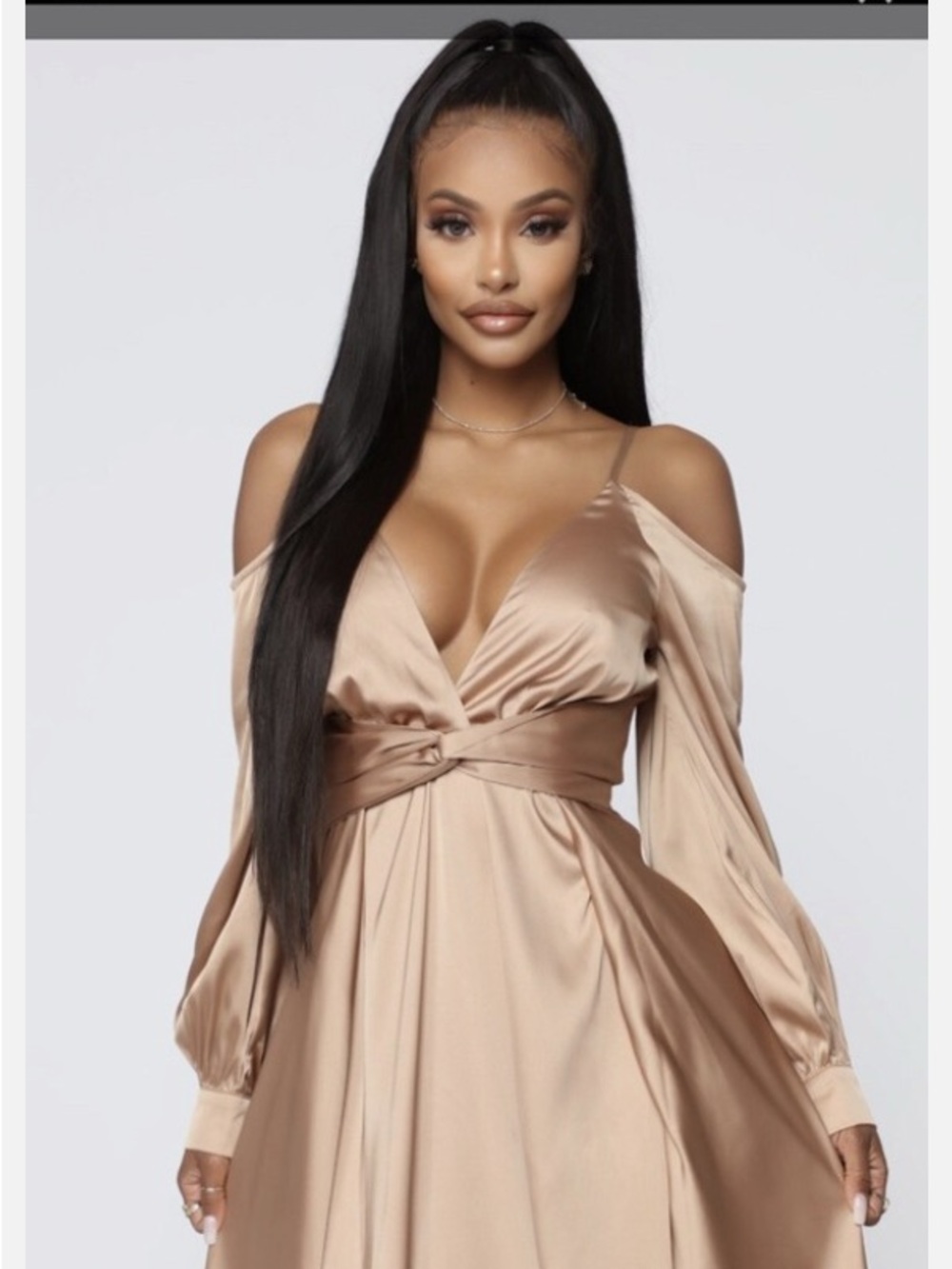 Fashion Nova Satin Twist-Waist Cold-Shoulder Maxi Dress in Champagne